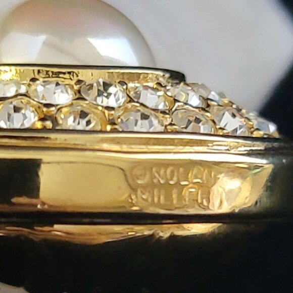 Nolan Miller Gold Faux Pearl Necklace Pave Crystals Lyre Shaped Pendant - Picture 7 of 14